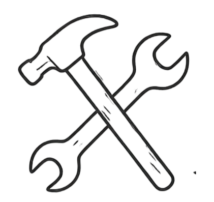 Illustration of a hammer and a wrench crossed over each other, both outlined in green and white.
