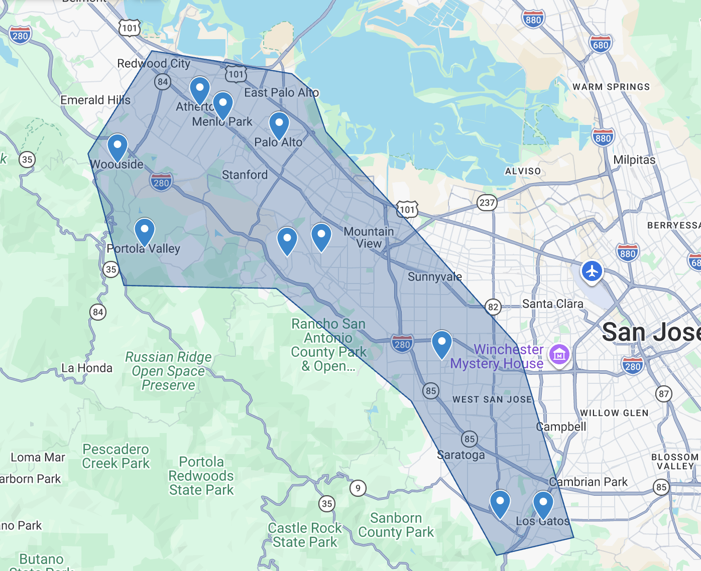 Map of the San Jose area highlighting neighborhoods, highways, and parks, with several blue location markers.