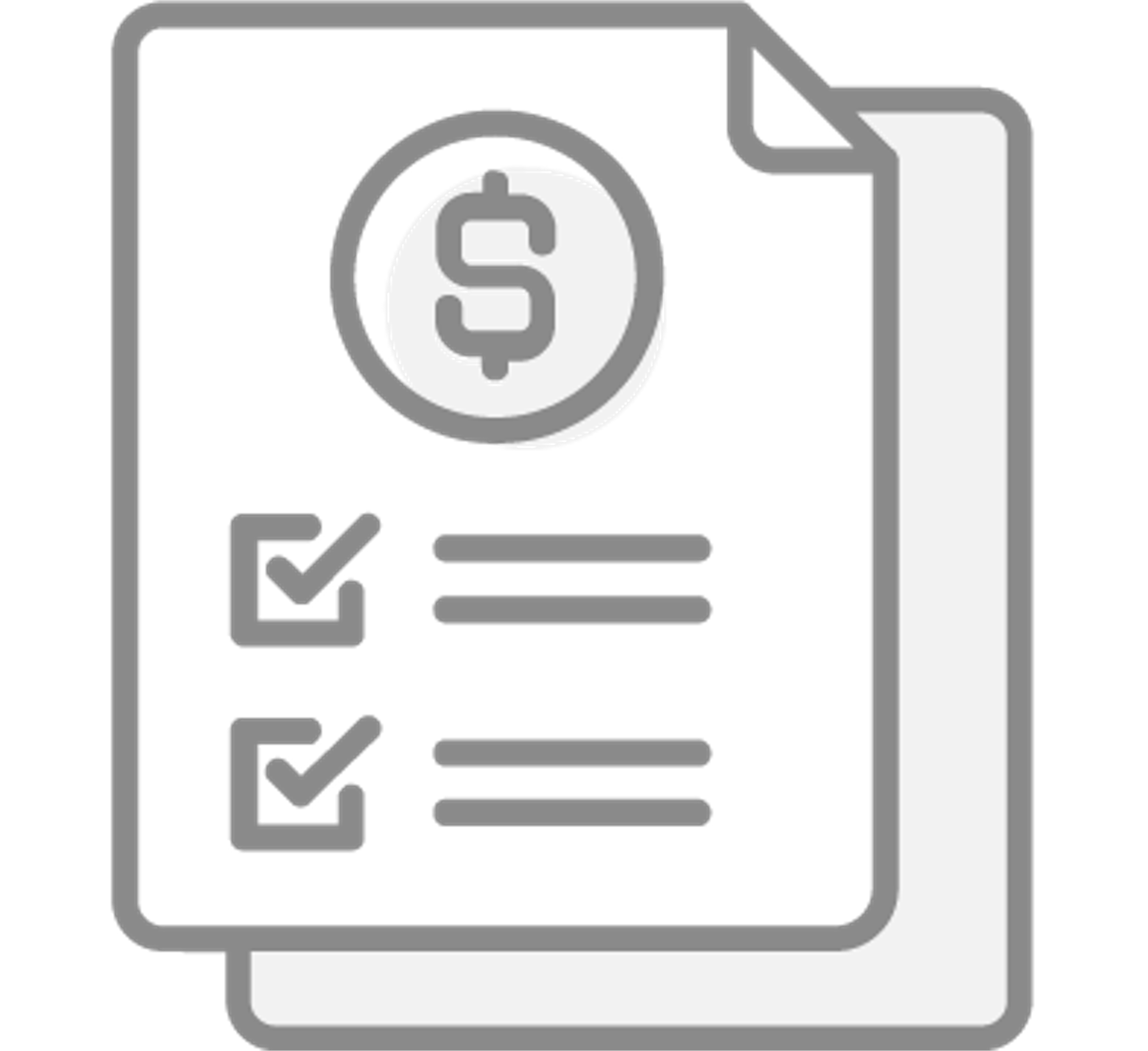 A checklist with three items, each marked with a check. The items include a dollar sign, a clock, and a document.