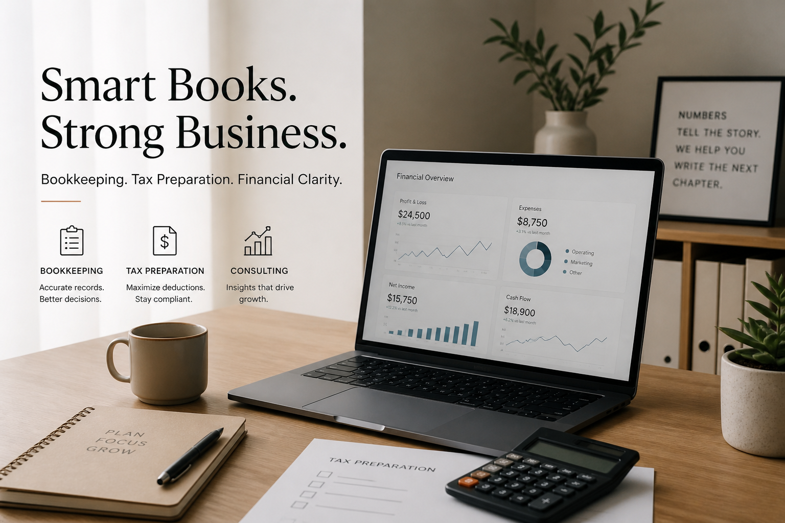 A workspace with a laptop displaying financial charts, a calculator, a notebook labeled "Plan Focus Grow," a pen, a coffee mug, and a potted plant. In the background, there's a framed quote that says 'Numbers tell the story. We help you write the next chapter.'