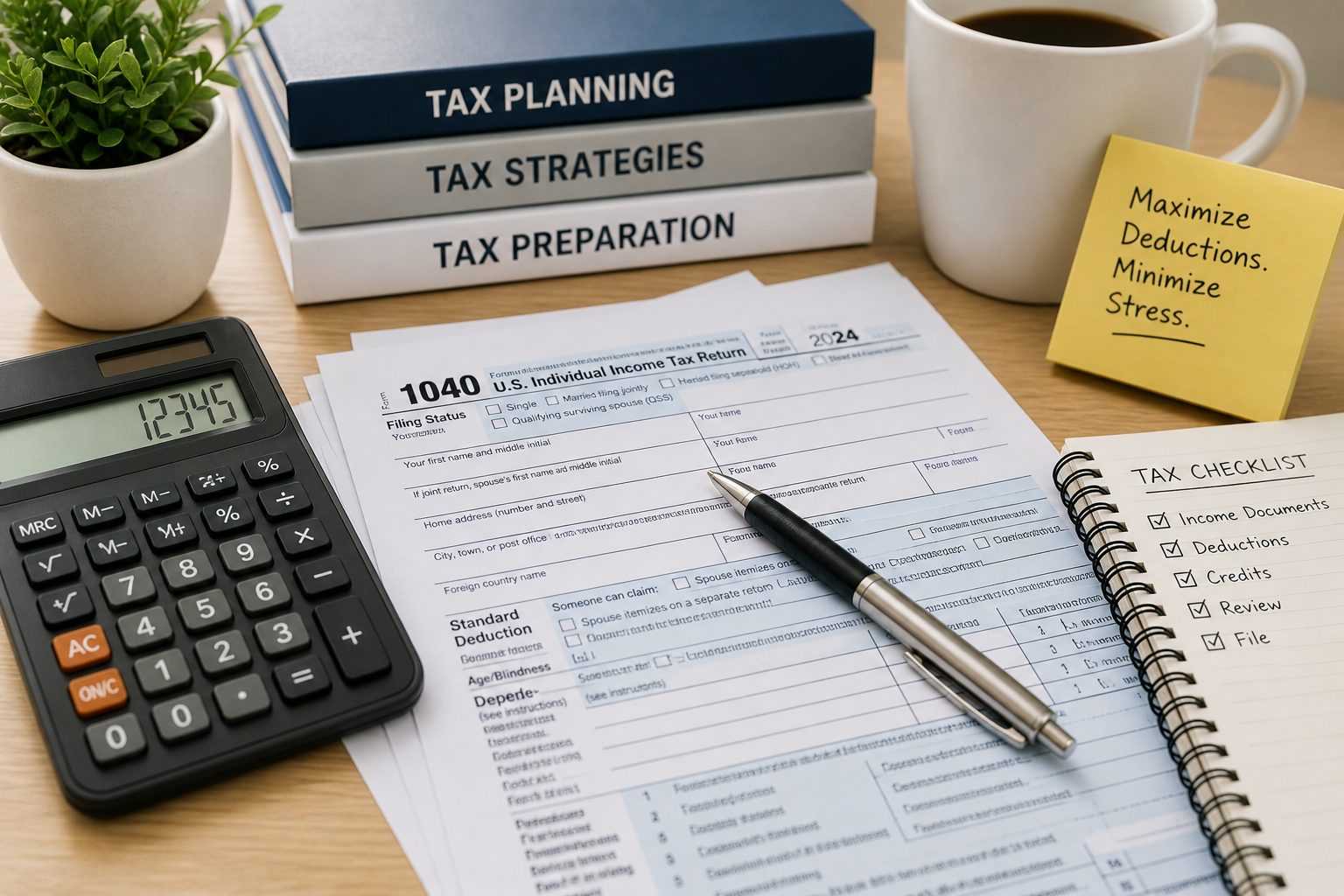 A desk with a calculator, U.S. tax forms, a pen, a tax checklist, a sticky note, a potted plant, a coffee cup, and books on tax planning, strategies, and preparation.