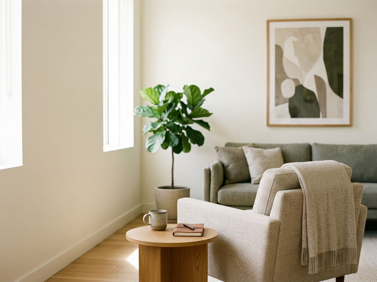 Living room with beige armchair, gray sofa, green potted plant, framed abstract art, and a small round wooden table with coffee mug, notebook, and pen.