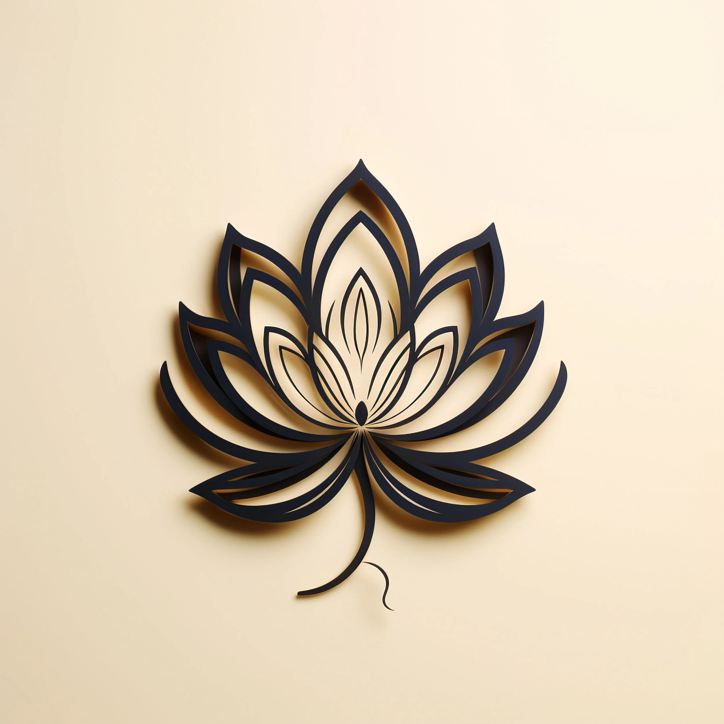 Black paper wall art in the shape of a lotus flower on a beige wall.