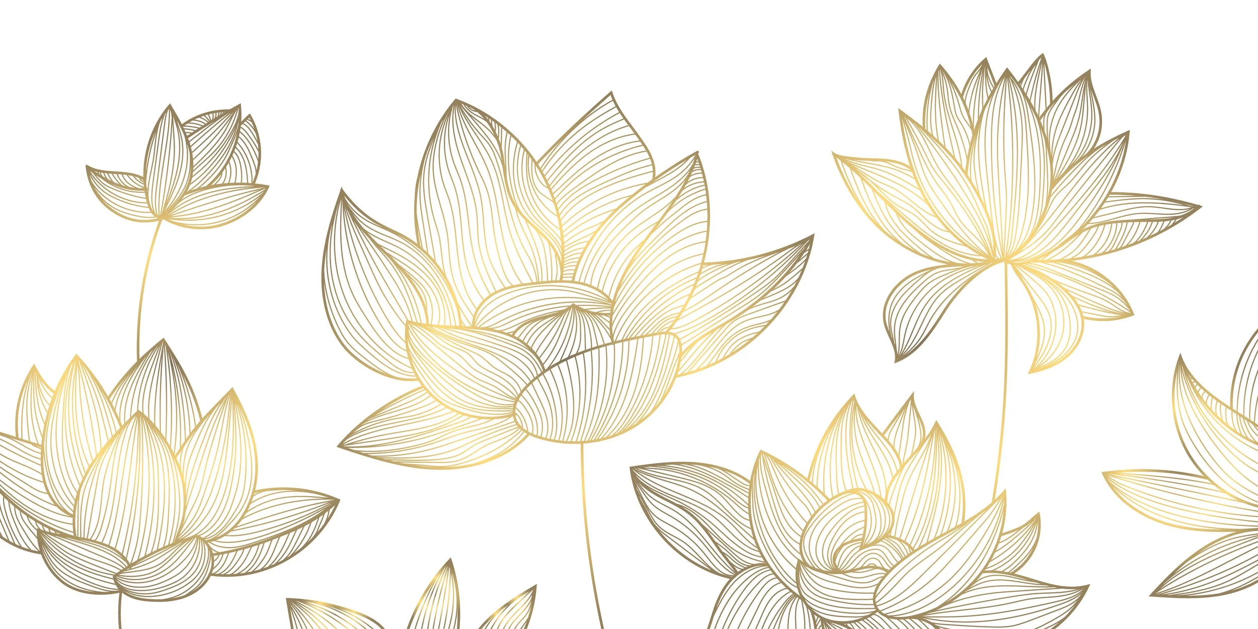 Golden line art floral pattern with various flower designs on a white background.