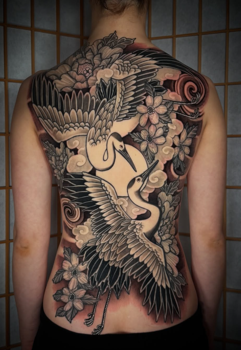 A person with a large black and gray tattoo of two flying cranes, surrounded by flowers and clouds, covering the entire back.