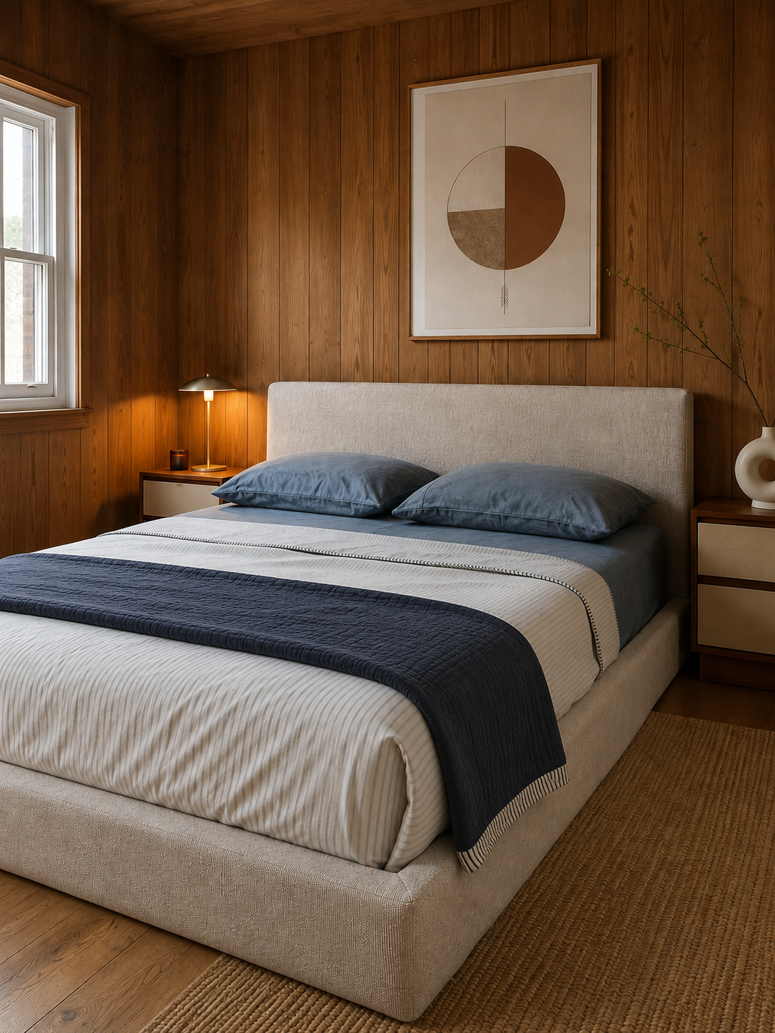 A bedroom with wooden-paneled walls, a bed with a beige upholstered headboard, blue pillows, a white and blue striped duvet, and a dark blue blanket. There are two matching nightstands, one with a lamp and a small item, and the other with a white vas
