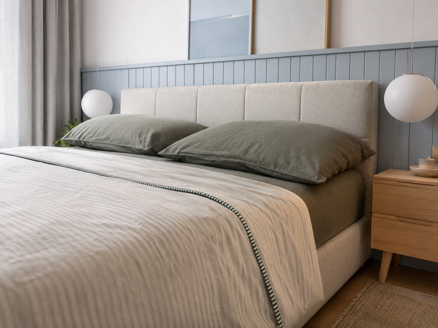 Neutral three-layer cotton muslin blanket styled on a contemporary bed