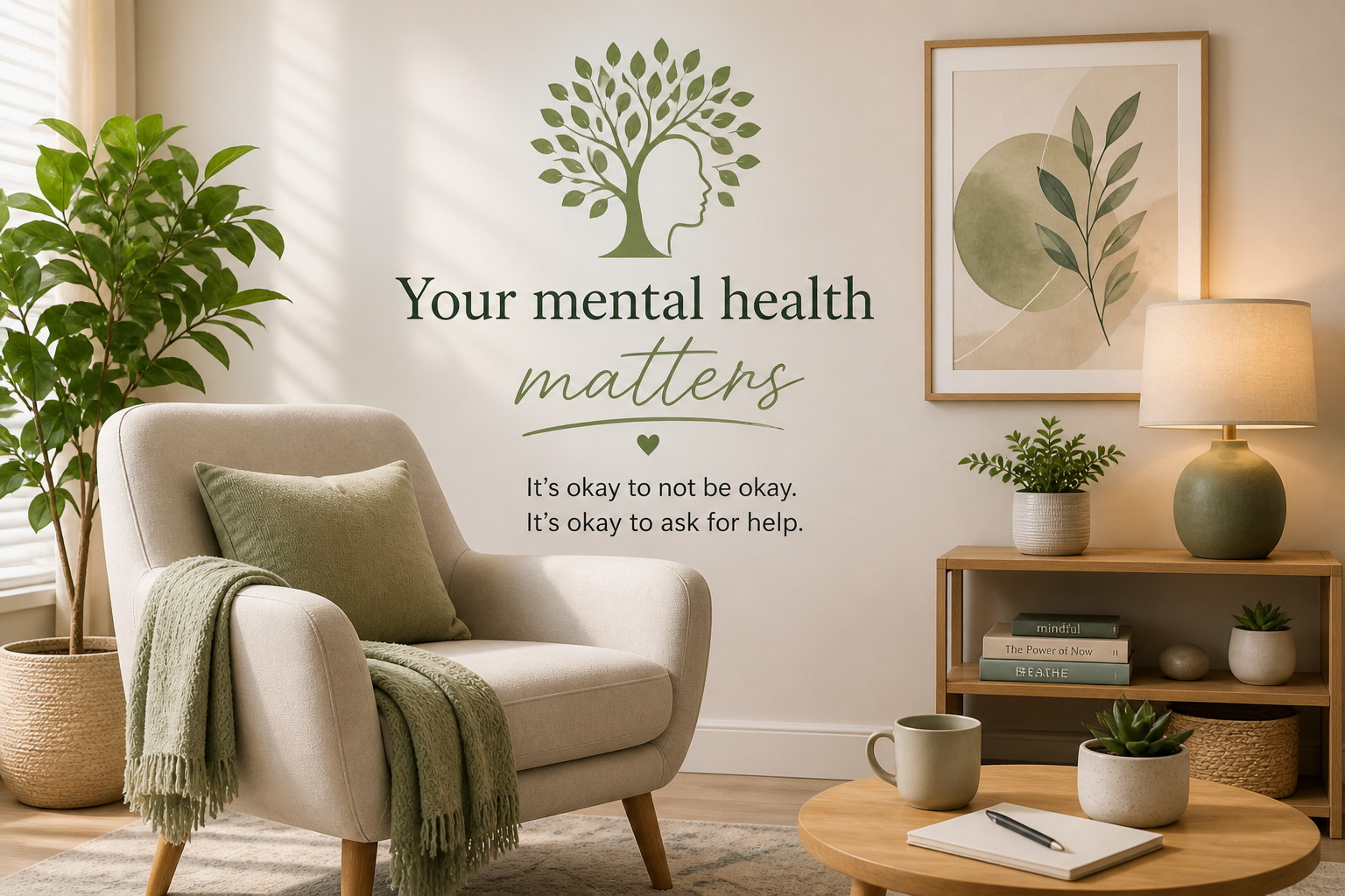 Living room with a beige armchair, green pillows and throw, potted plant, wooden side table with books, a coffee mug, notebook with pen, and framed abstract artwork; wall decal reading 'Your mental health matters, it's okay to not be okay, it's okay to ask for help.'