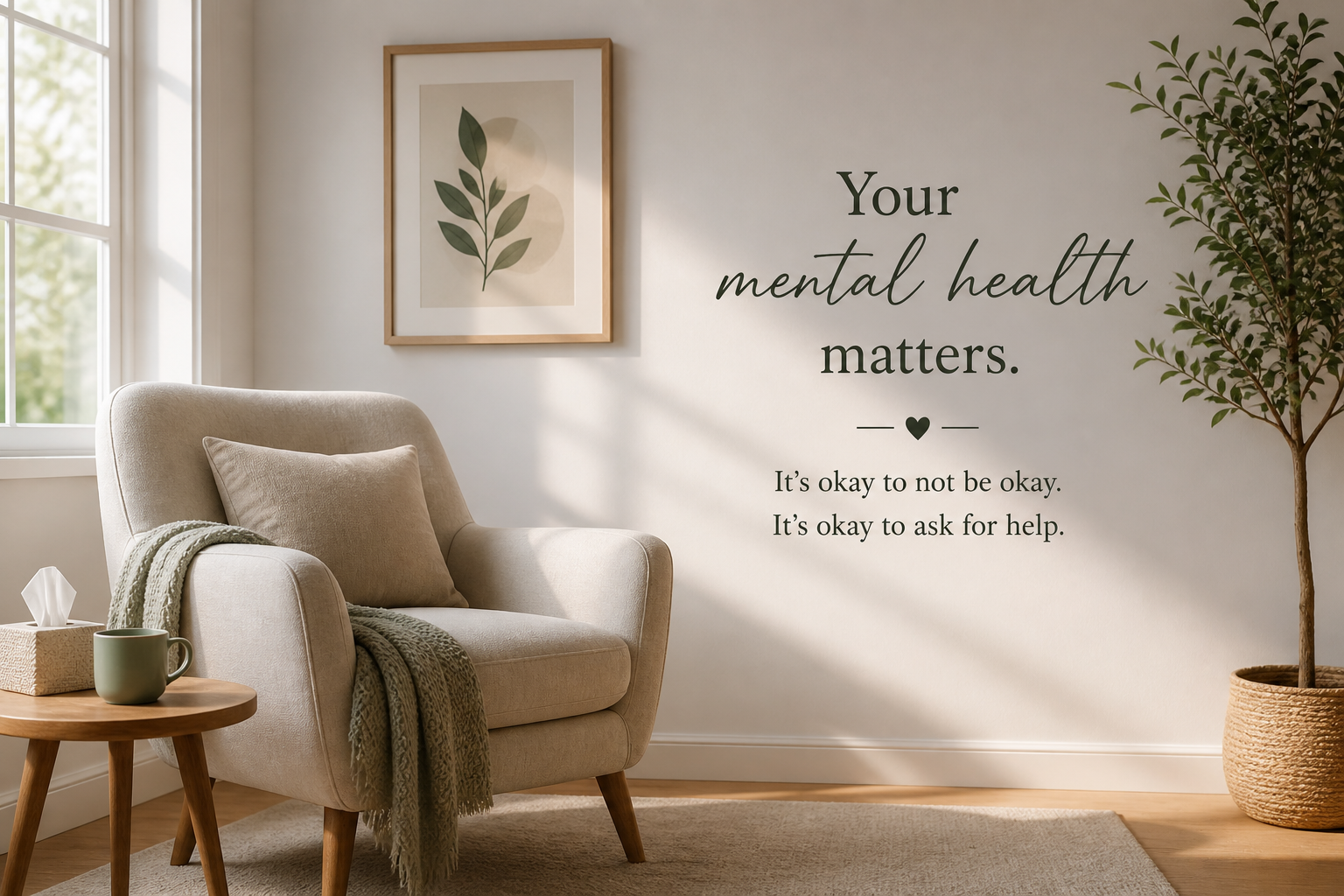 A cozy living room corner with a beige armchair, a small wooden side table holding a green mug and tissue box, and a potted plant in a woven basket. Sunlight streams through a window, and wall art features a leaf illustration. The wall has a motivational quote about mental health.