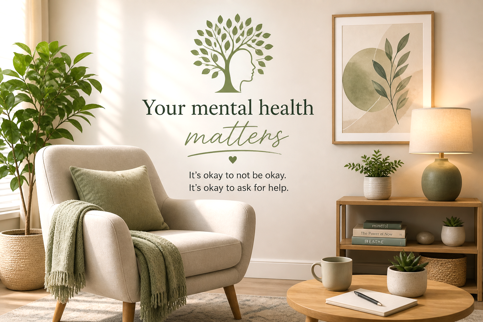 Living room with a beige armchair, green pillow and blanket, wooden shelf with books, plants, and a framed artwork of botanicals. Wall text reads 'Your mental health matters. It's okay to not be okay. It's okay to ask for help.'