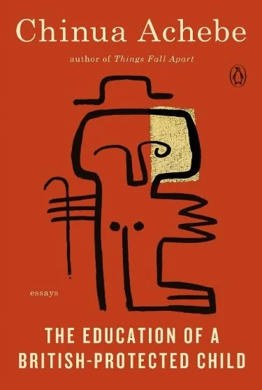 Book cover for 'The Education of a British-Protected Child' by Chinua Achebe. The background is red with black and beige abstract line art resembling a face.