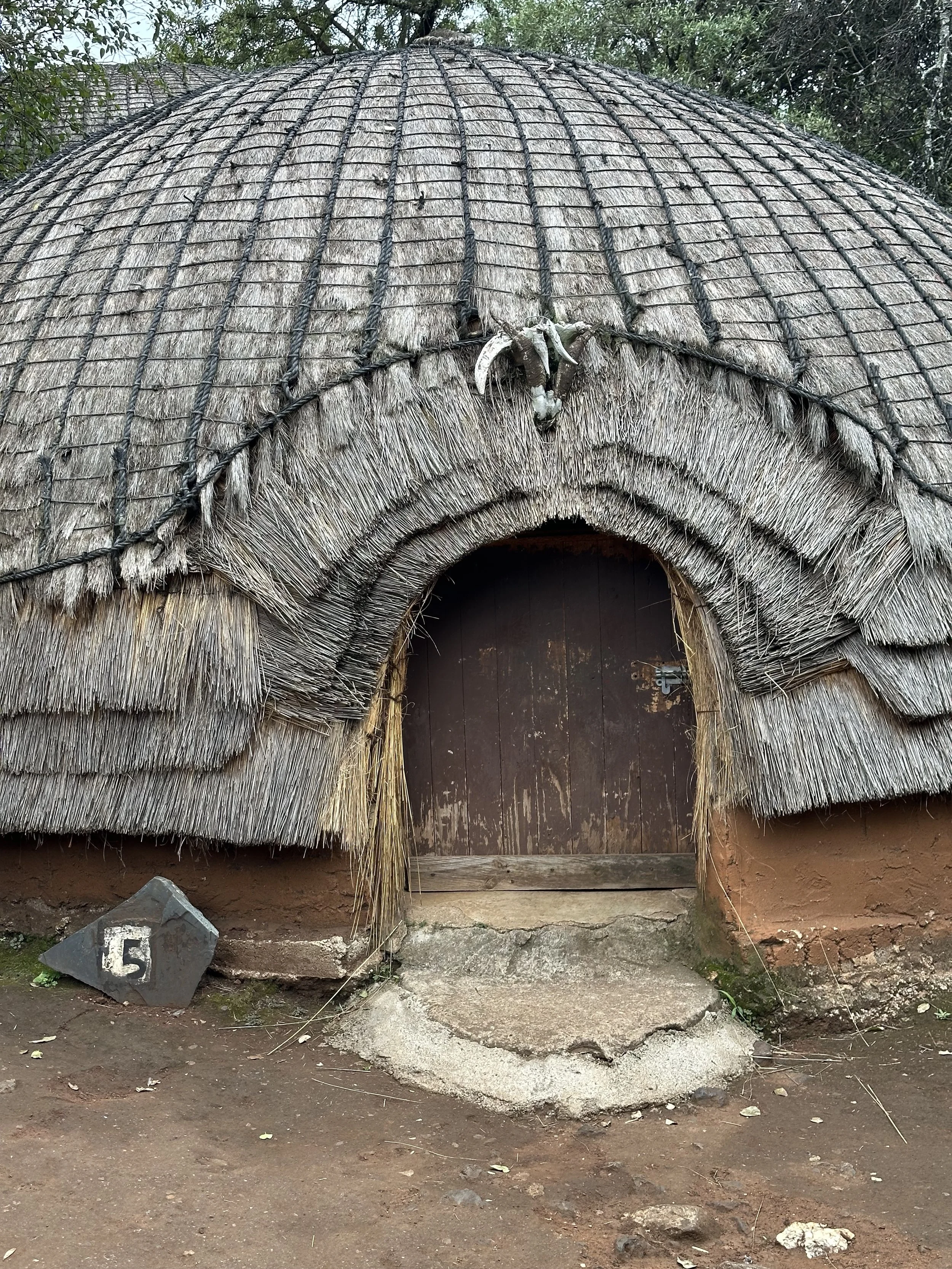 Traditional thatched hut with a small wooden door, surrounded by brown dirt ground, and situated outdoors with greenery in the background.