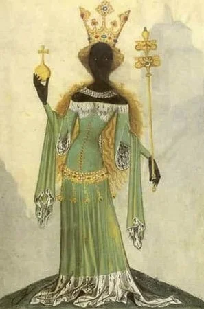 Illustration of a regal woman wearing a crown, holding a scepter, and dressed in a green and gold gown with jewelry.