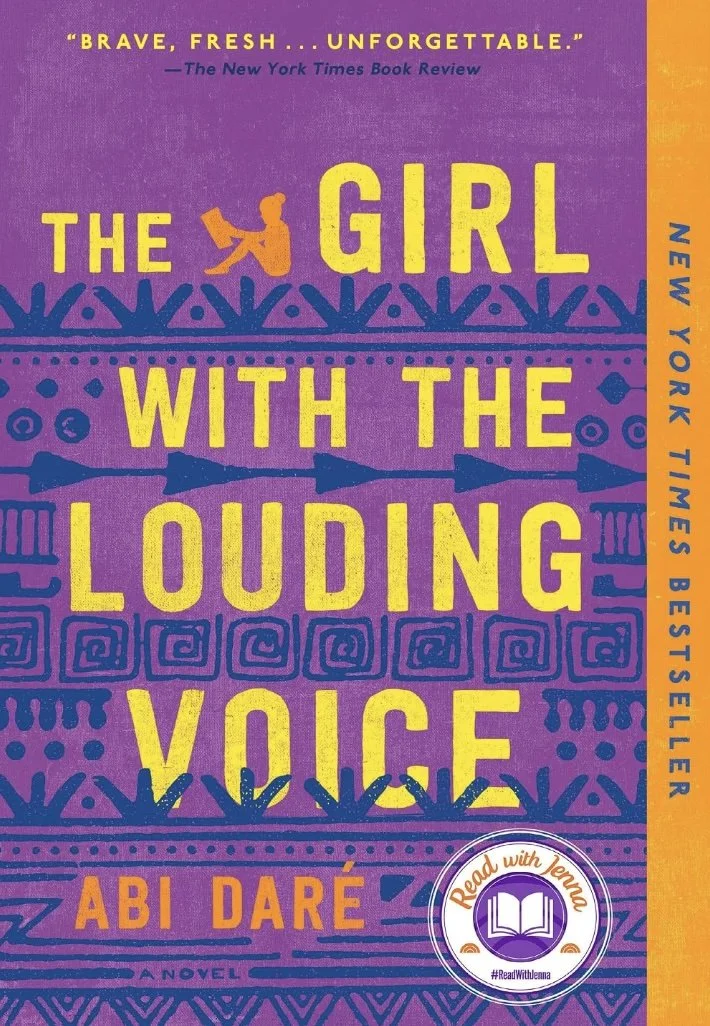 Book cover of 'The Girl with the Louding Voice' by Abi Daré, featuring purple, yellow, and orange colors with decorative patterns and a quote from The New York Times Book Review.