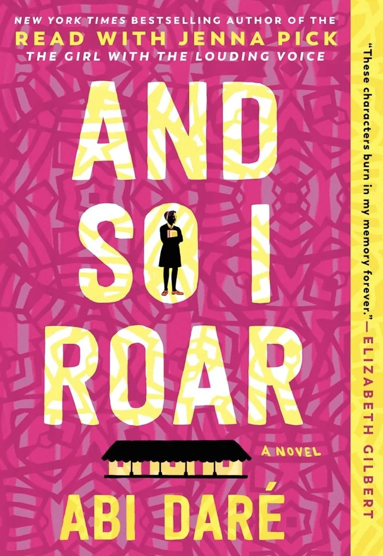 Book cover for "And So I Pray" by Abi Daré, featuring a pink background with an abstract pattern, large yellow and white text for the title, a small illustration of a woman holding a book, and a yellow side banner with the author's name.