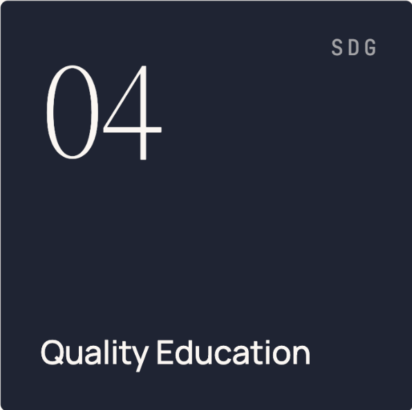 Graphic with the number 04, the words SDG and Quality Education on a dark background