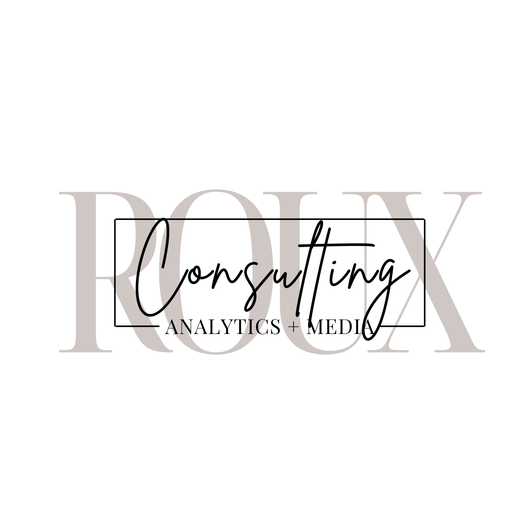 Text overlay on a white background: 'ROI Consulting, Analytics + Media' with 'ROI' in large gray font, 'Consulting' in black cursive inside a black rectangle, and 'Analytics + Media' in black uppercase font underneath.