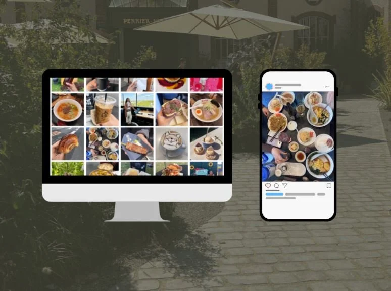 Screenshots of social media posts featuring images of various food dishes, including bowls of ramen, sushi, fried chicken, and desserts.