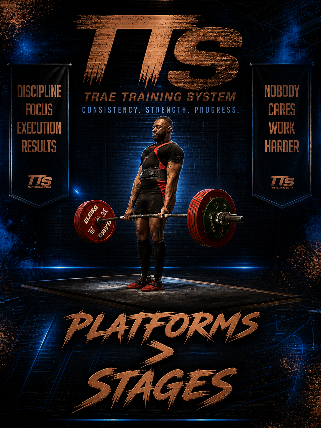 Athlete training for maximum strength on a deadlift platform with competition-style plates and motivational coaching banners