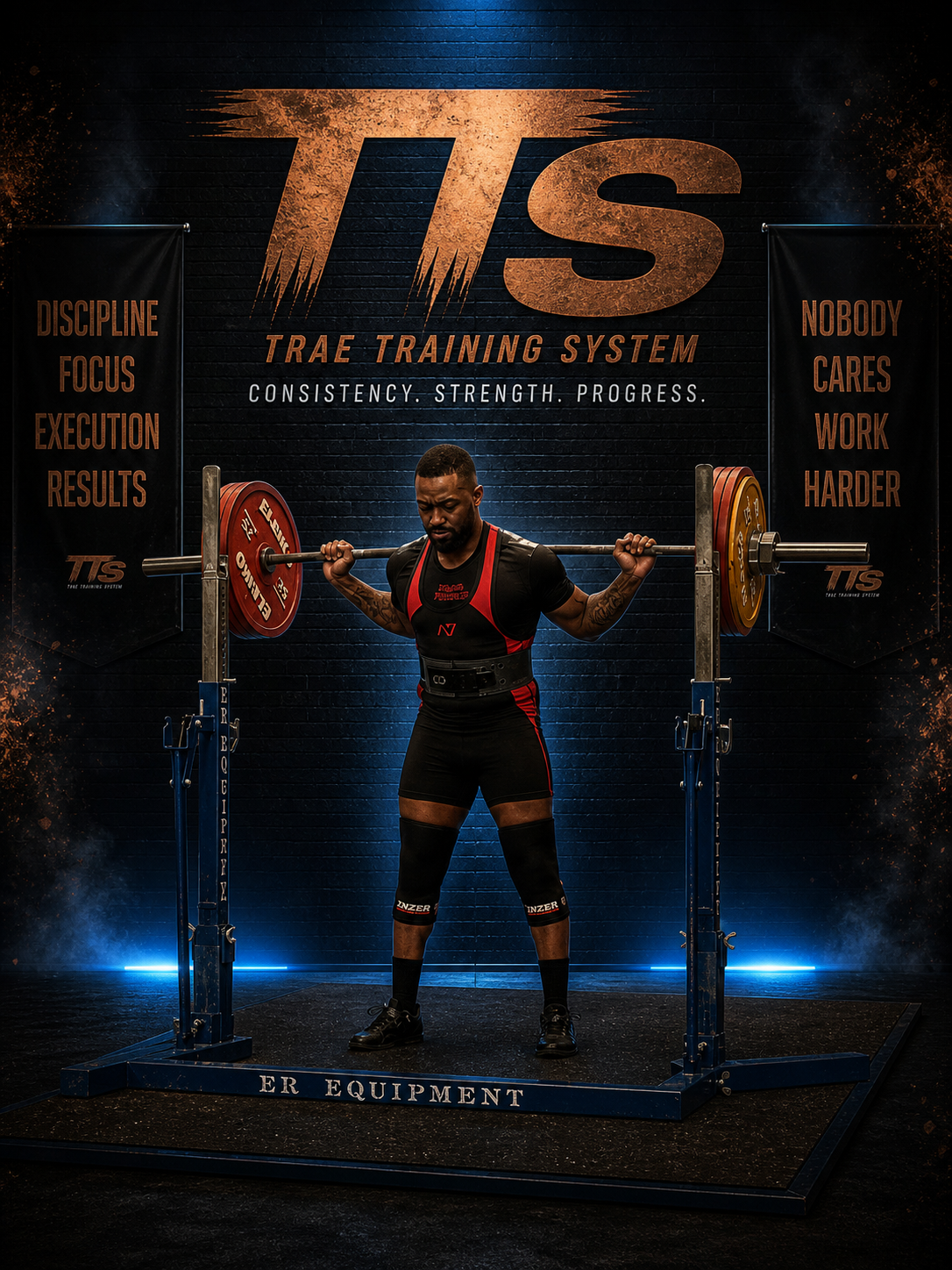 Competitive powerlifter performing a heavy barbell squat in a squat rack at Trae Training System gym