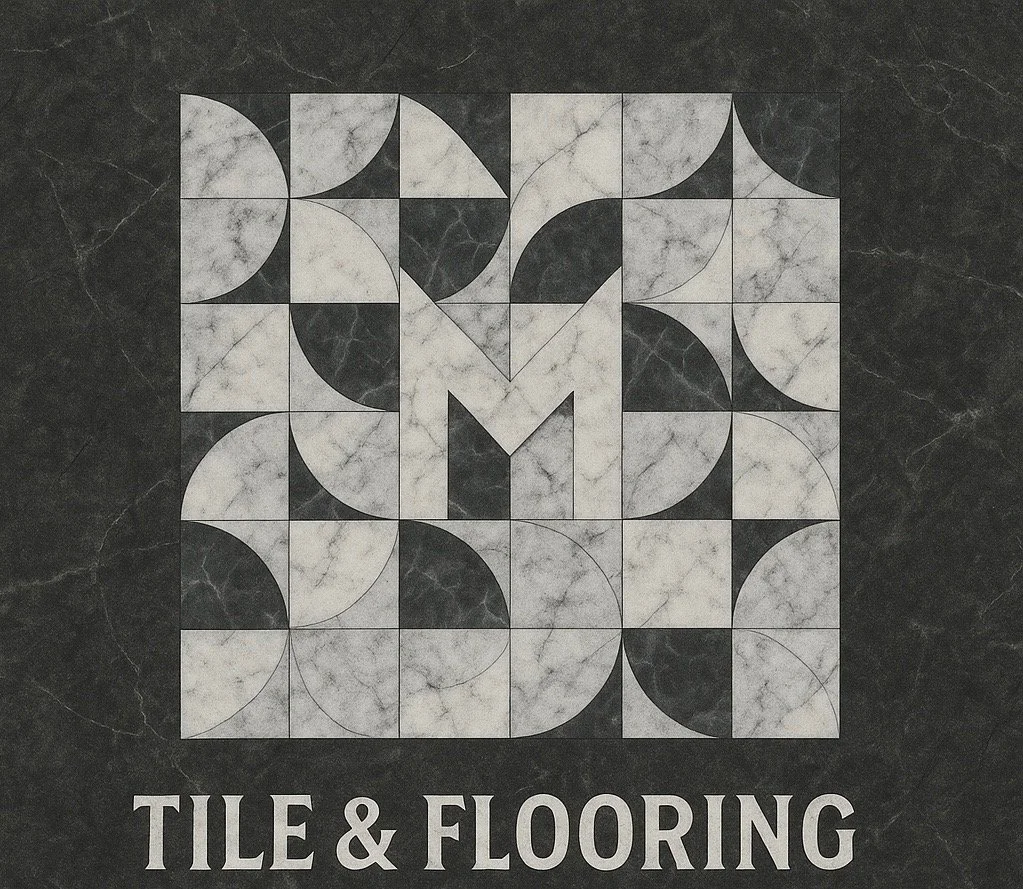 Logo with geometric tile pattern forming a letter M and the words 'Tile & Flooring' underneath on a dark marble background.