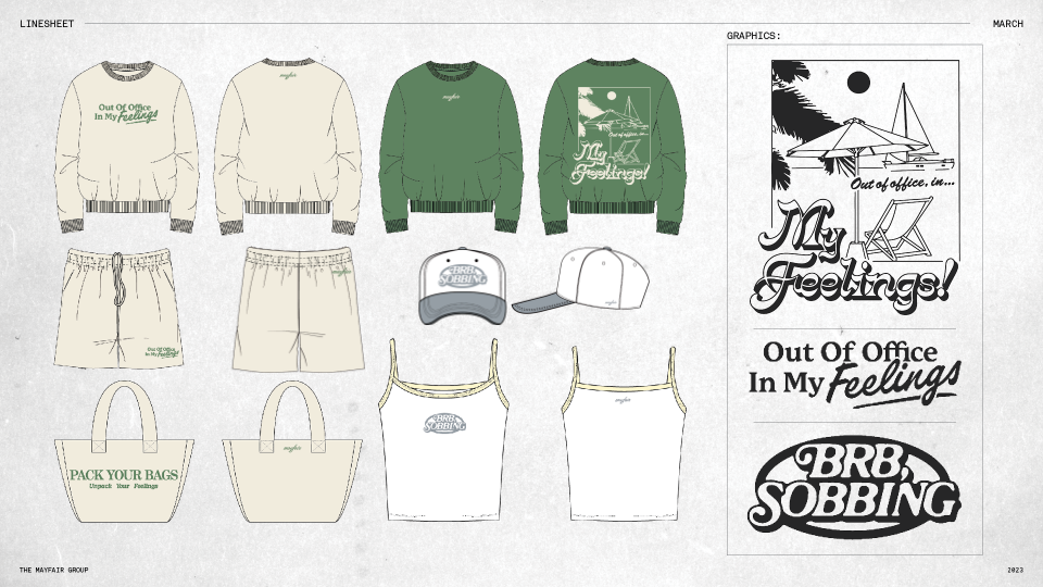 Illustration of clothing and accessories with a beach theme, including sweaters, shorts, t-shirts, caps, tote bags, and graphic designs with text like 'Out of Office In My Feelings' and 'BRB Sobbing'.