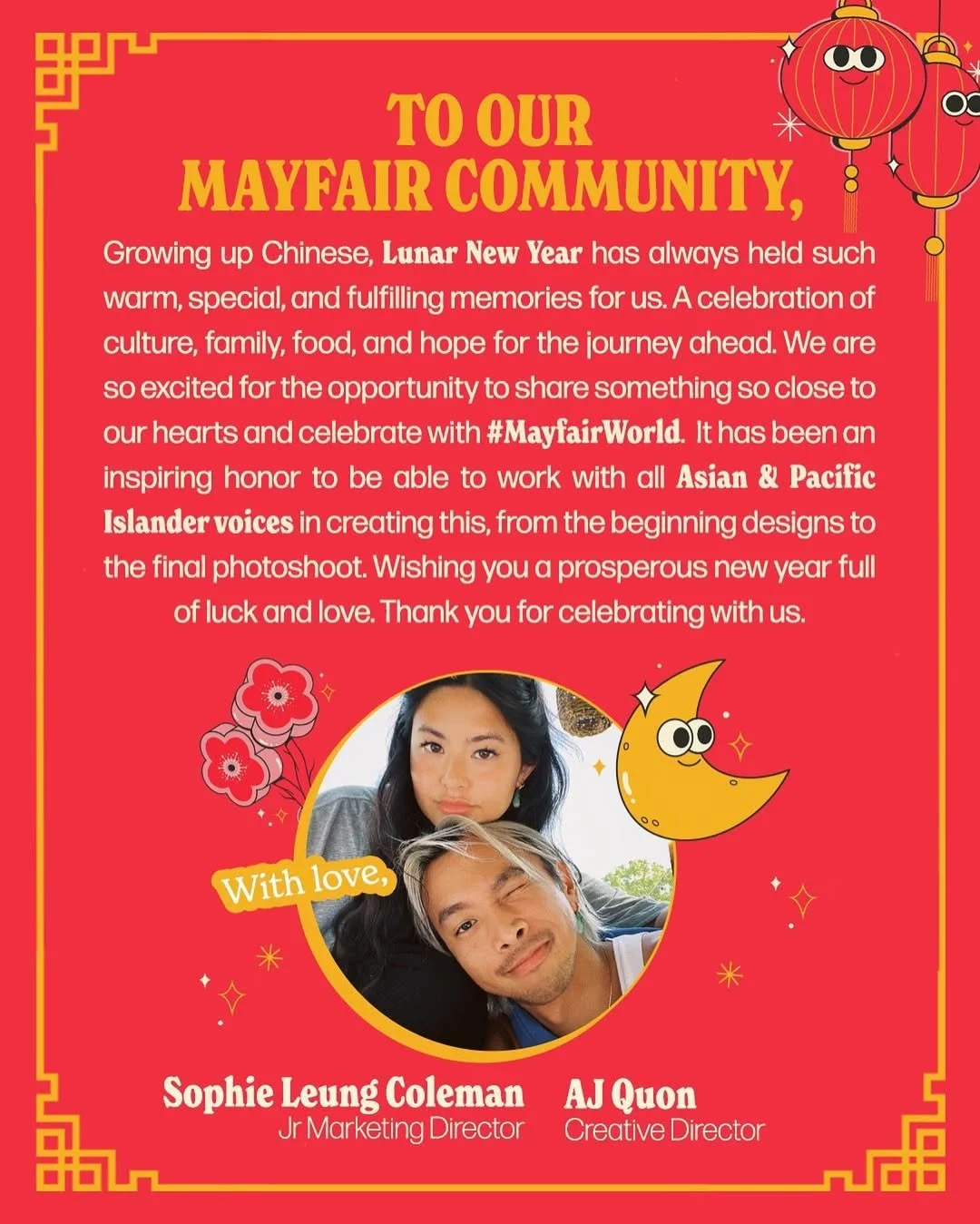 Letter celebrating Lunar New Year to the Mayfair community with a photo of a couple, lunar illustrations, and decorative border.