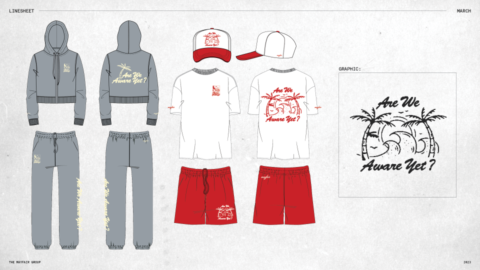 Collection of clothing and accessories featuring a gray zip-up hoodie, matching sweatpants, a white T-shirt, a red cap, red shorts, and a white cap. The apparel has text and graphic designs including palm trees and the phrase "Are We Aware Yet?"