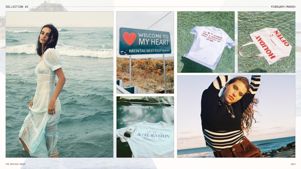 Collage of various photographs, including a woman standing in the ocean, a sign that says "Welcome to My Heart," t-shirts with text, a tote bag, and a woman standing on the beach with her hands behind her head.