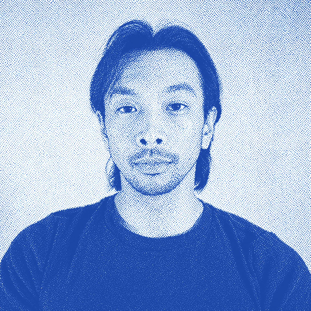 A stylized digital portrait of a young man with medium-length hair, slight beard, wearing a dark t-shirt, against a plain background.