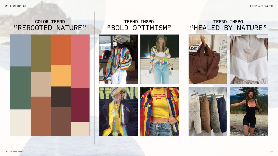 A fashion mood board showcasing color trends and outfit inspirations. It features a color palette titled 'REROOTED NATURE,' vibrant striped clothing, casual streetwear, cozy earth-tone jackets, and an outdoor scene with a woman in a black dress.