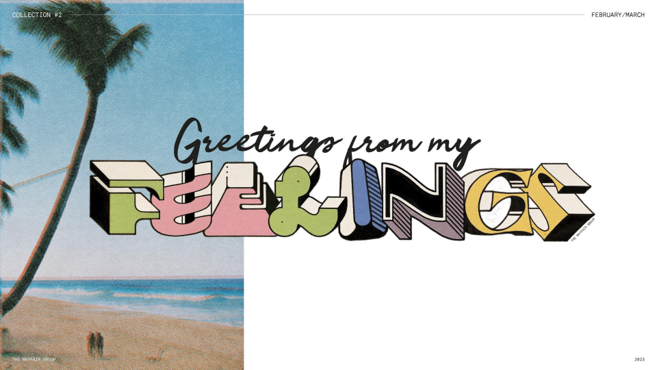 Retro beach scene with two people walking on the sand, palm trees, ocean waves, and a graphic that reads 'Greetings from my F & N G S' in colorful, stylized 3D letters.