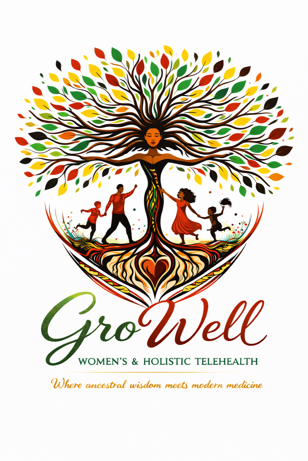 Illustration of a woman with long flowing hair transforming into a large tree with green, yellow, red, and black leaves. Four children are playing around her, holding hands and dancing. The image includes text: "GroWell Women's & Holistic Telehealth" and "Where ancestral wisdom meets modern medicine."