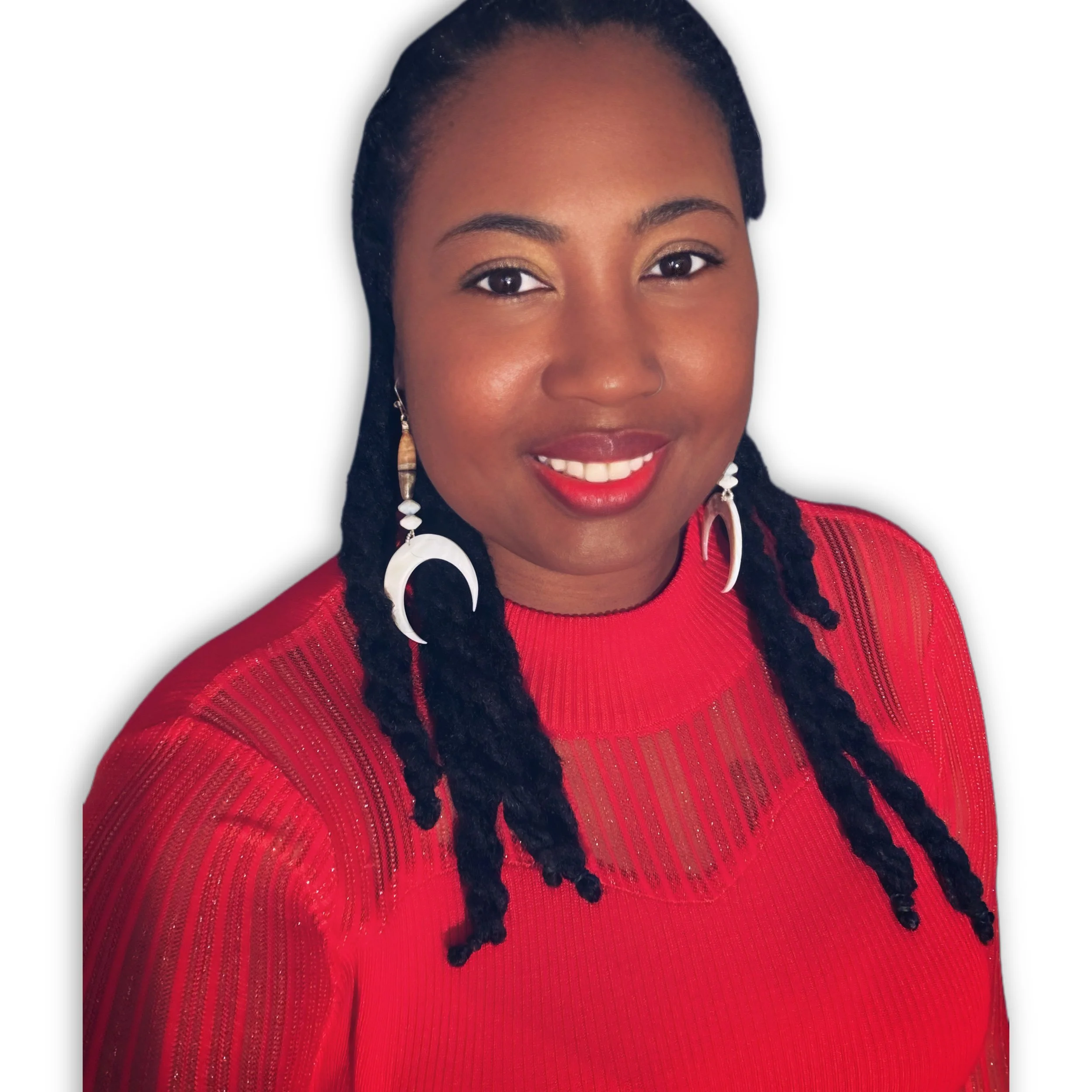 Close-up of a woman with dark hair styled in braids and wearing a red sweater, large white earrings, and makeup.
