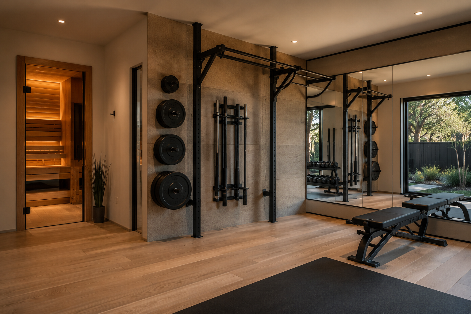 Modern home gym with weightlifting equipment, mirrors, wooden flooring, and large windows showing a backyard outdoor space.