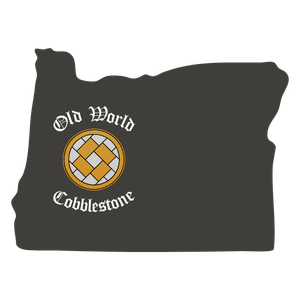 Silhouette of the state of Oregon with a logo that says 'Old World Cobblestone' and features a circular design.