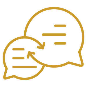 Two overlapping speech bubbles with horizontal lines representing text, outlined in gold.