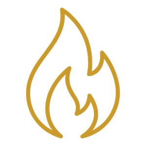 Icon of a flame with a stylized design in gold and black.
