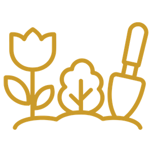 Line drawing of a tulip flower, two bushes, and a trowel.