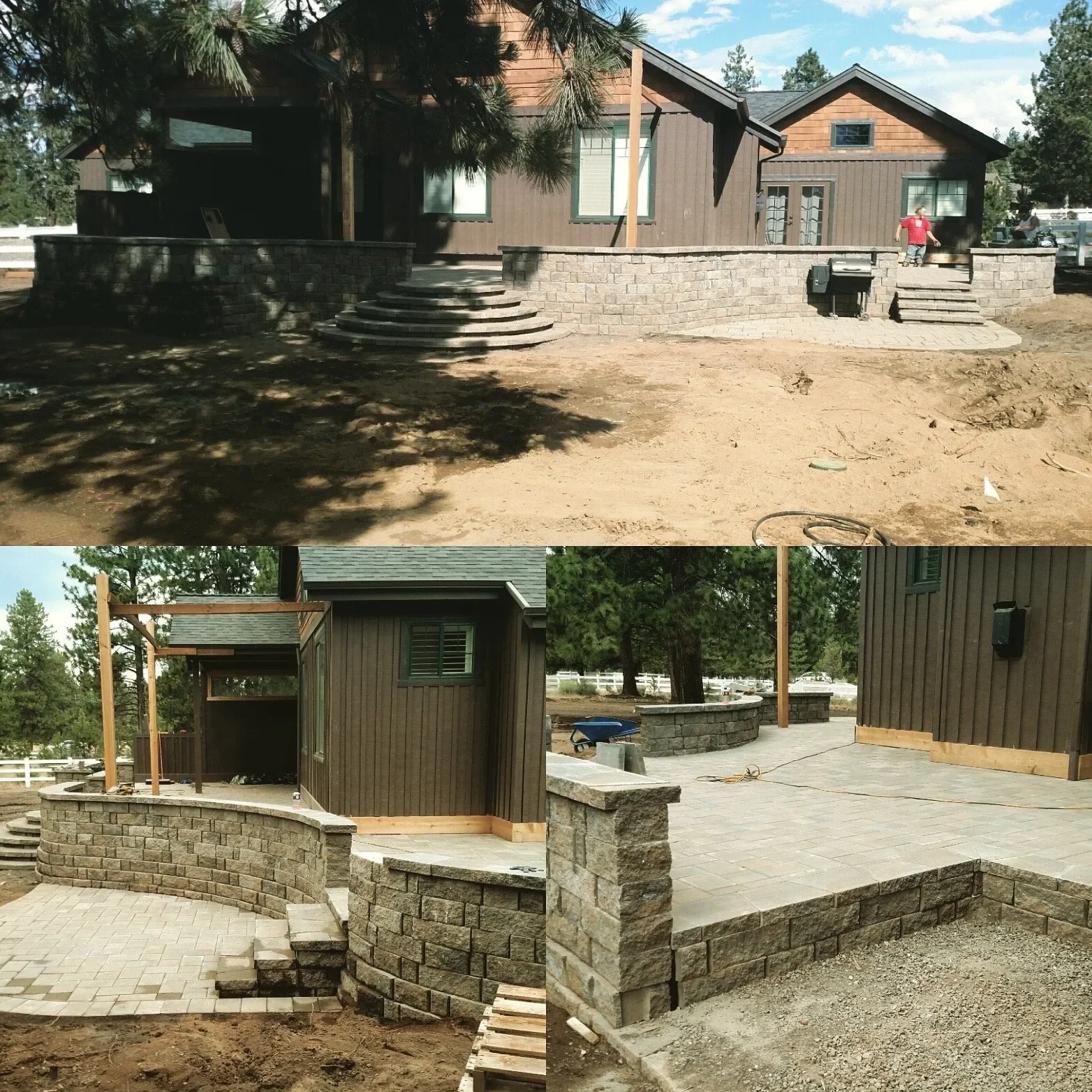 Series of images showing a house under construction with various stages of patio and exterior remodeling. Includes brick and stonework, new steps, and outdoor areas with trees and a blue sky.