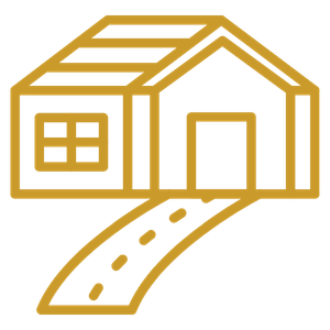 Gold-colored line drawing of a barn with a curved road in front.
