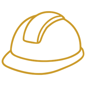 Outline of a construction hard hat in gold line art style.