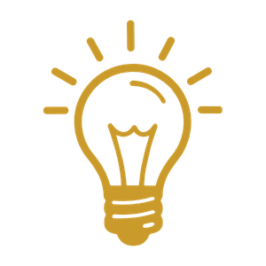 Gold outline of a light bulb with rays emitting from it.