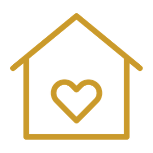 A simple line drawing of a house with a heart inside it, colored in gold on a black background.