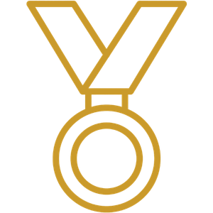 Gold medal with a ribbon hanging from it