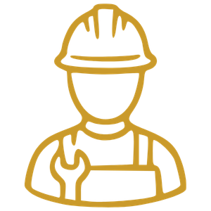 Minimalist line drawing of a construction worker wearing a hard hat and overalls.