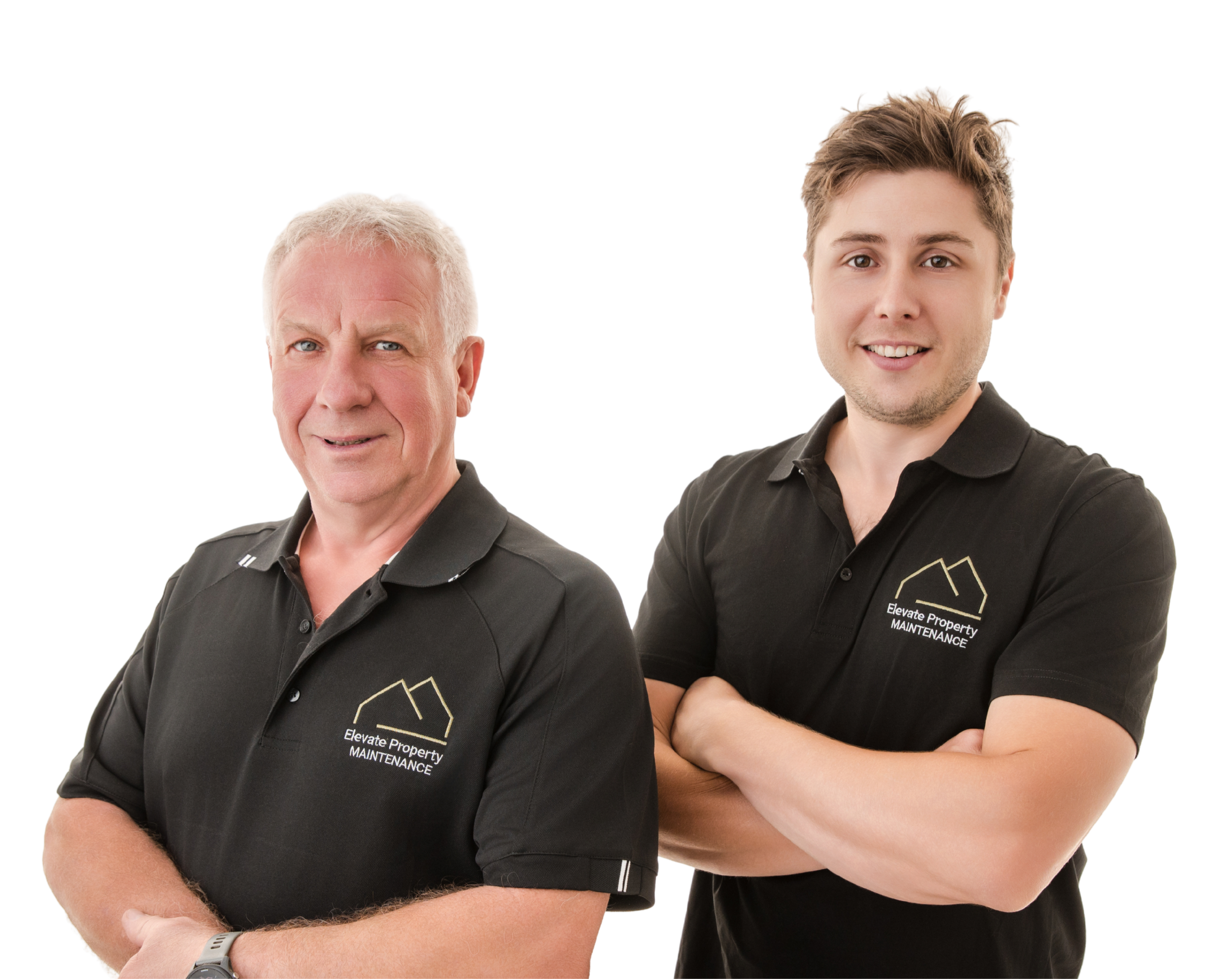 Two men standing side by side in black polo shirts with company logos, with arms crossed, smiling at the camera, against a white background elevate property maintenance team