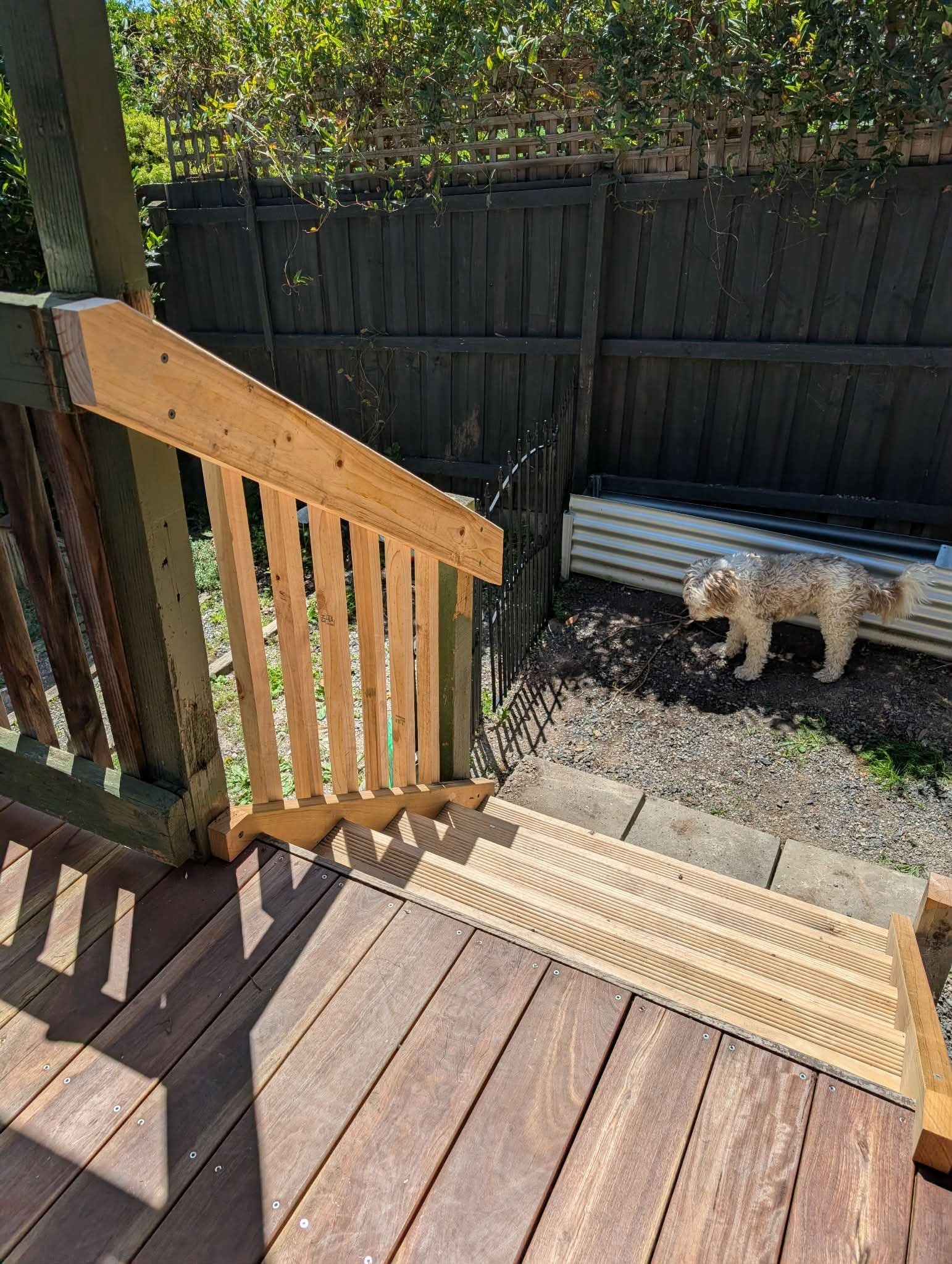 Part of a wooden deck with steps leading down, deck repair and rebuild, elevate property maintenance