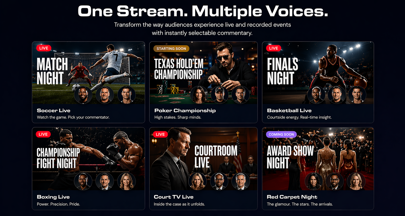 Custom Commentary event selection screen showing multiple live and recorded experiences with selectable commentary voices across soccer, poker, basketball, boxing, courtroom, and red carpet events.