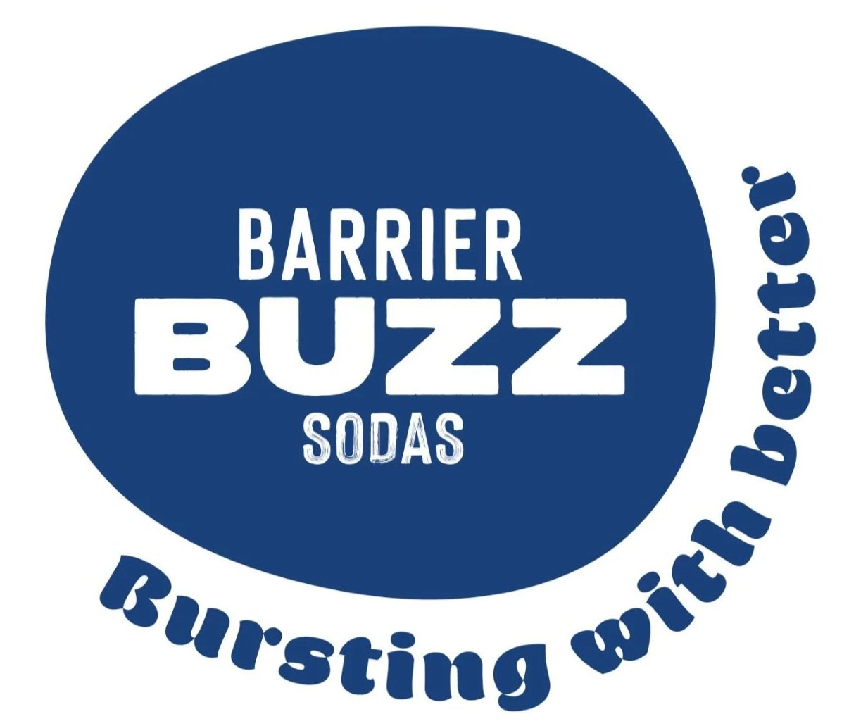 Blue circular logo with the words "Barrier Buzz" in the center and "Sodas" underneath, surrounded by the slogan "Bursting Without Bother" on the outer edge.